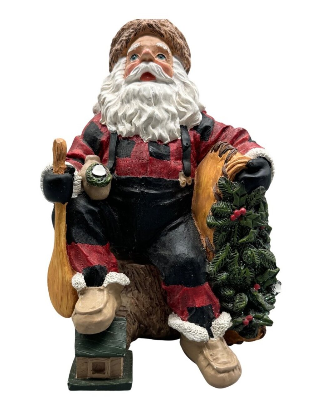 Rustic Santa Claus Figurine Tree Axe & Log Cabin Detail Christmas Decor READ